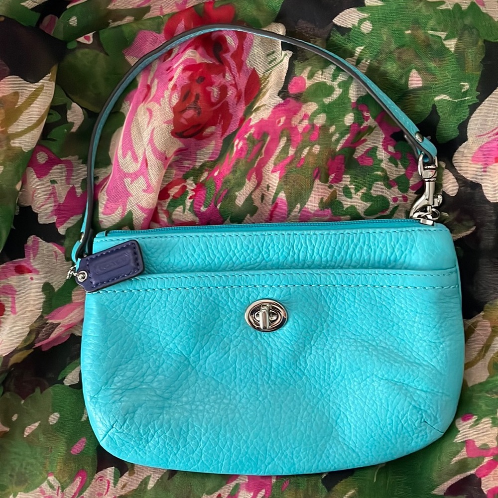 Coach Turquoise Pebbled Leather Large Wristlet